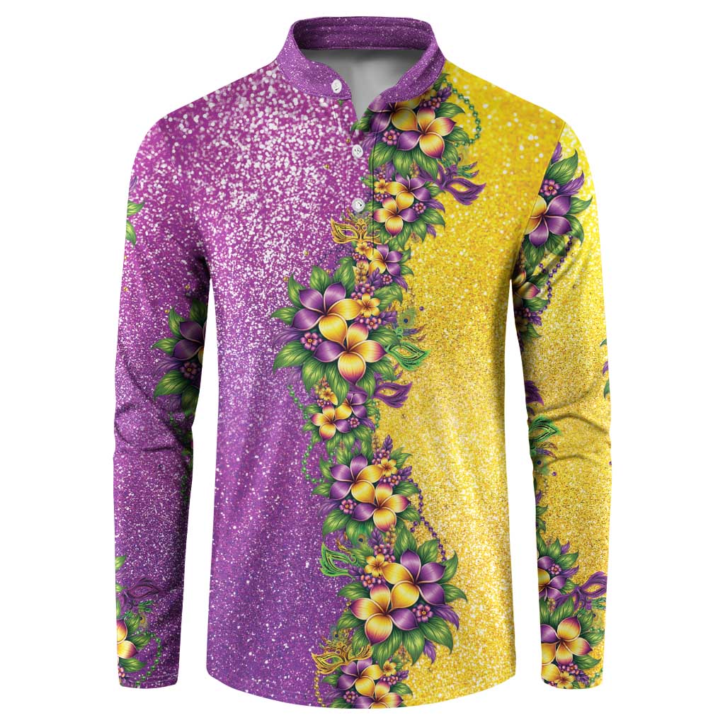 Hawaii Mardi Gras Button Sweatshirt Plumeria Lei Beads Glitter Style