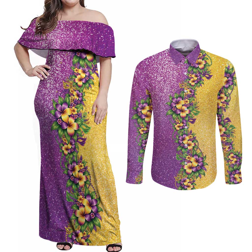 Hawaii Mardi Gras Couples Matching Off Shoulder Maxi Dress and Long Sleeve Button Shirt Plumeria Lei Beads Glitter Style LT05 Colorful - Polynesian Pride