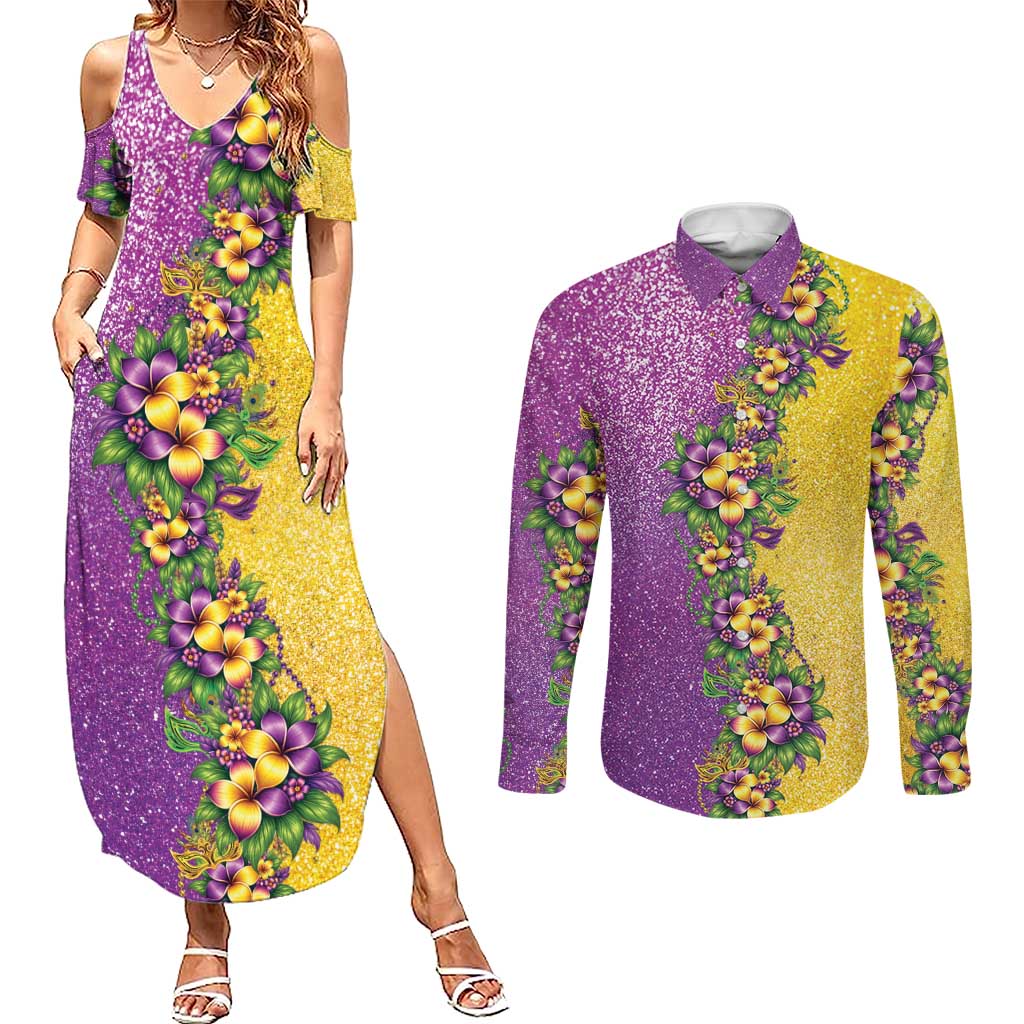 Hawaii Mardi Gras Couples Matching Summer Maxi Dress and Long Sleeve Button Shirt Plumeria Lei Beads Glitter Style LT05 Colorful - Polynesian Pride