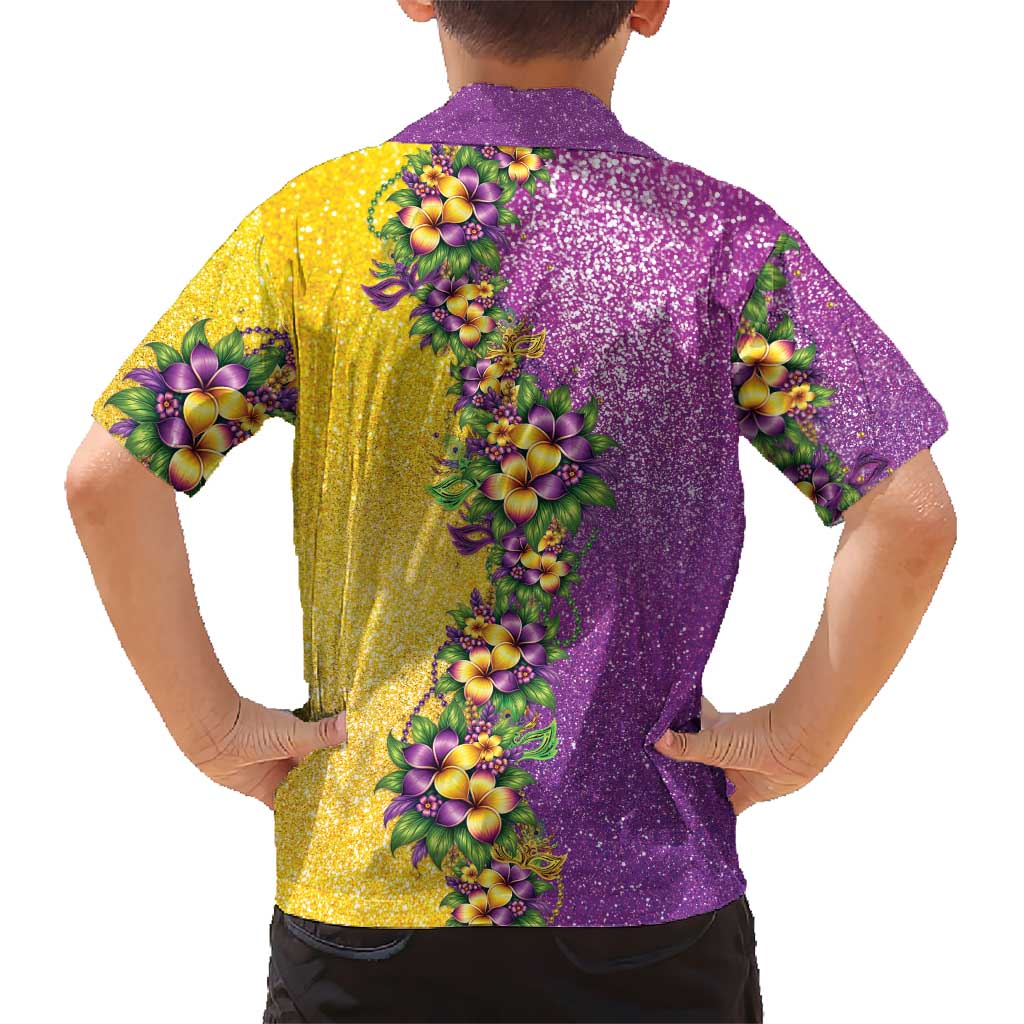 Hawaii Mardi Gras Family Matching Off Shoulder Maxi Dress and Hawaiian Shirt Plumeria Lei Beads Glitter Style
