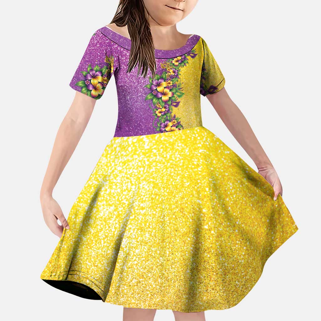 Hawaii Mardi Gras Family Matching Off Shoulder Maxi Dress and Hawaiian Shirt Plumeria Lei Beads Glitter Style