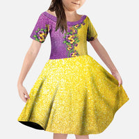 Hawaii Mardi Gras Family Matching Off Shoulder Maxi Dress and Hawaiian Shirt Plumeria Lei Beads Glitter Style