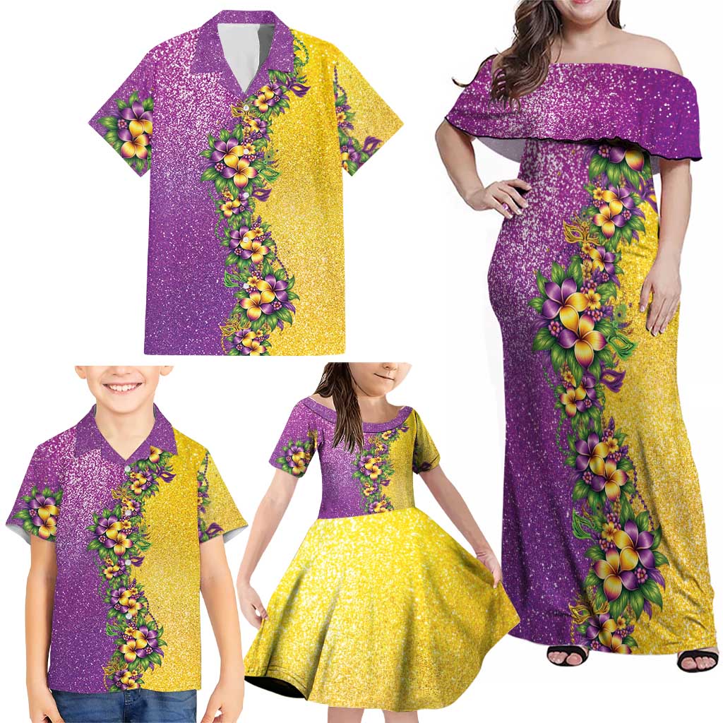 Hawaii Mardi Gras Family Matching Off Shoulder Maxi Dress and Hawaiian Shirt Plumeria Lei Beads Glitter Style