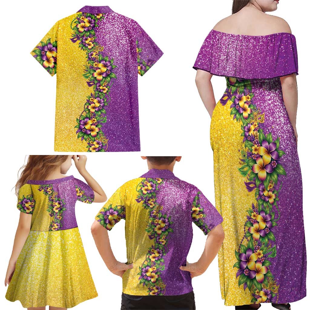Hawaii Mardi Gras Family Matching Off Shoulder Maxi Dress and Hawaiian Shirt Plumeria Lei Beads Glitter Style