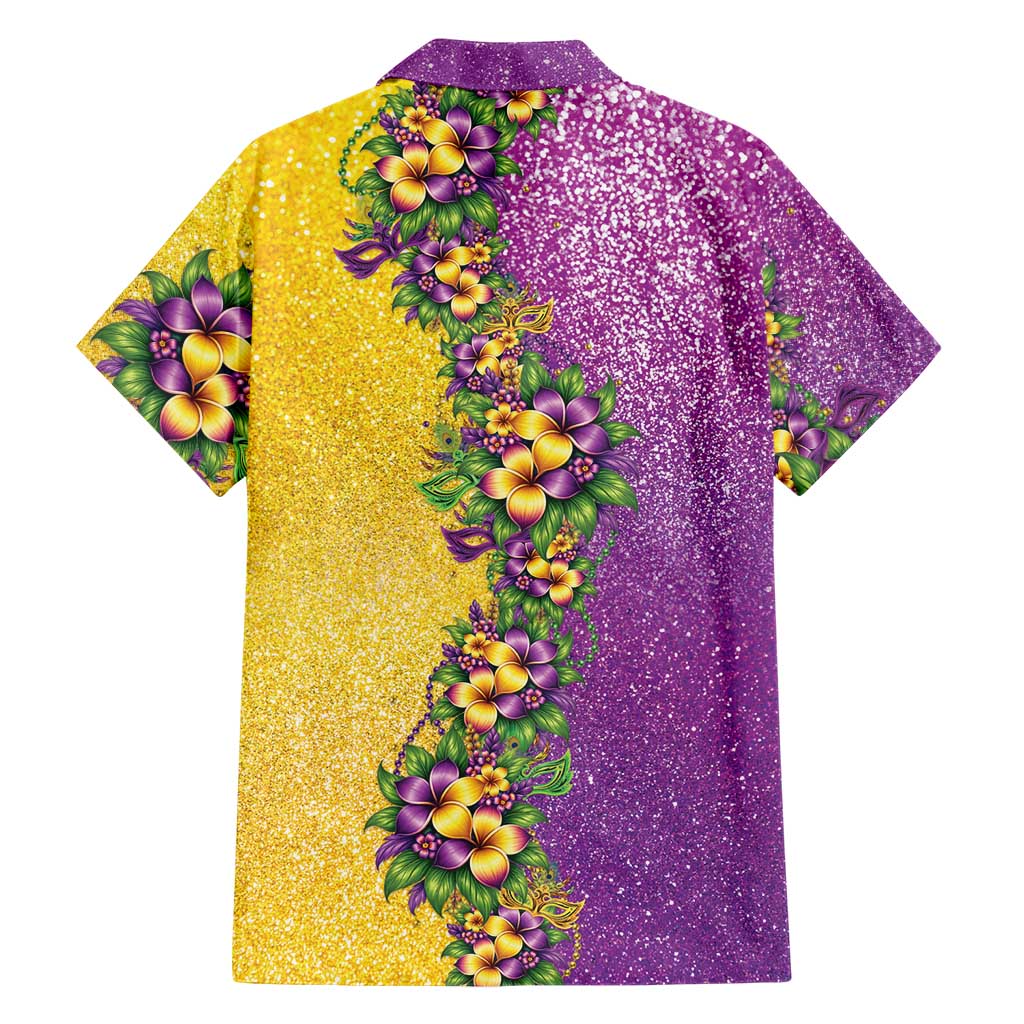 Hawaii Mardi Gras Family Matching Off Shoulder Maxi Dress and Hawaiian Shirt Plumeria Lei Beads Glitter Style