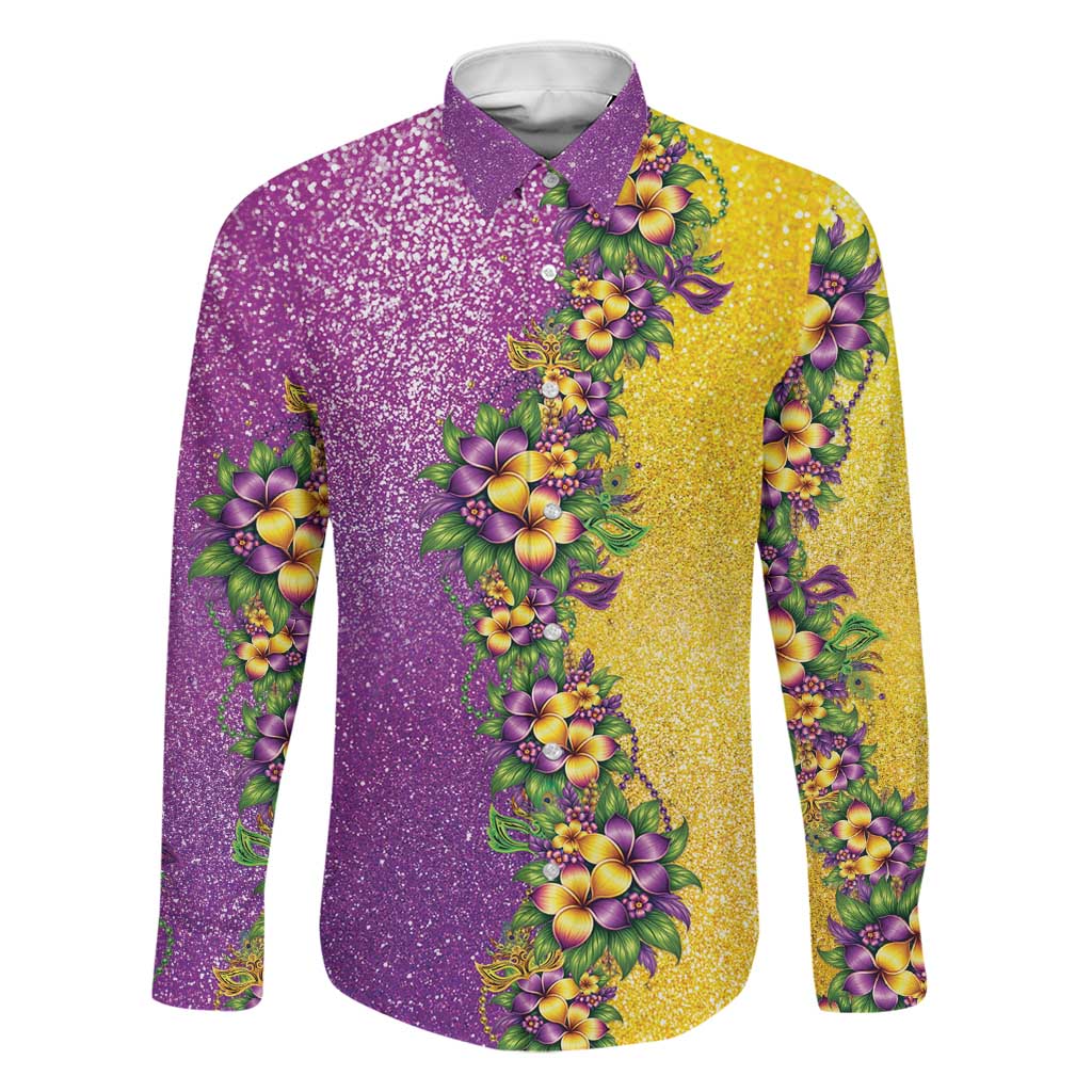 Hawaii Mardi Gras Family Matching Off Shoulder Maxi Dress and Hawaiian Shirt Plumeria Lei Beads Glitter Style