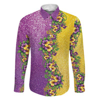 Hawaii Mardi Gras Family Matching Off Shoulder Maxi Dress and Hawaiian Shirt Plumeria Lei Beads Glitter Style