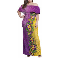 Hawaii Mardi Gras Family Matching Off Shoulder Maxi Dress and Hawaiian Shirt Plumeria Lei Beads Glitter Style