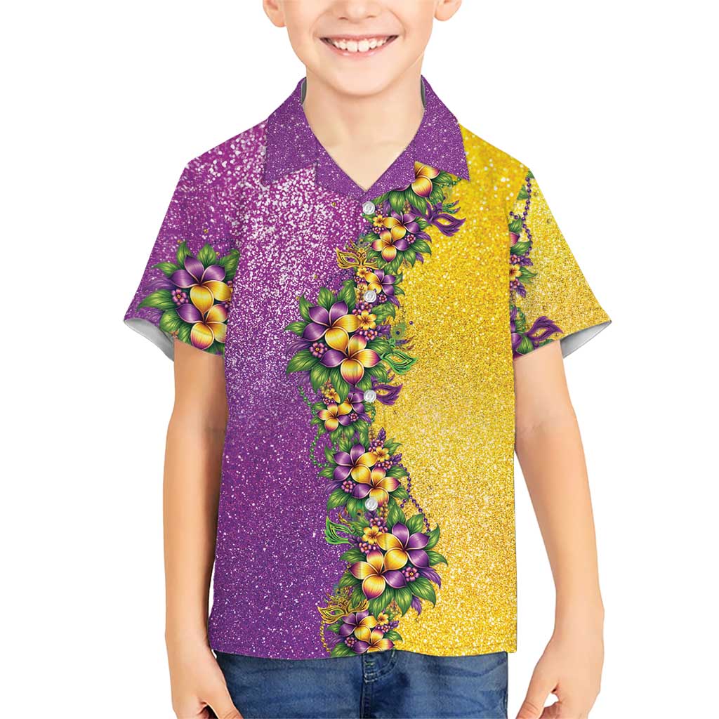 Hawaii Mardi Gras Family Matching Off Shoulder Maxi Dress and Hawaiian Shirt Plumeria Lei Beads Glitter Style