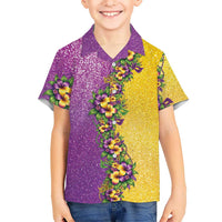 Hawaii Mardi Gras Family Matching Off Shoulder Maxi Dress and Hawaiian Shirt Plumeria Lei Beads Glitter Style