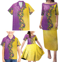 Hawaii Mardi Gras Family Matching Puletasi and Hawaiian Shirt Plumeria Lei Beads Glitter Style