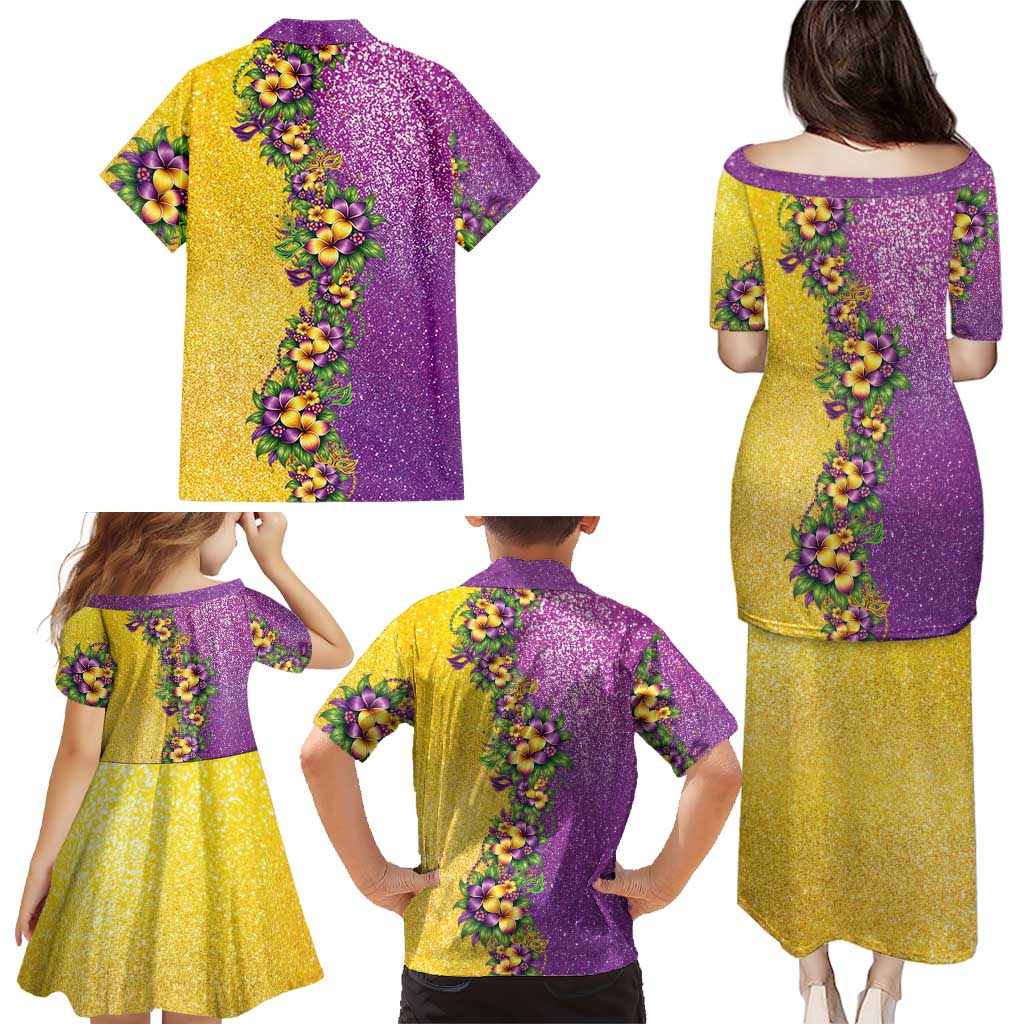Hawaii Mardi Gras Family Matching Puletasi and Hawaiian Shirt Plumeria Lei Beads Glitter Style