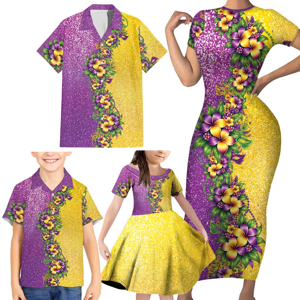 Hawaii Mardi Gras Family Matching Short Sleeve Bodycon Dress and Hawaiian Shirt Plumeria Lei Beads Glitter Style LT05 - Polynesian Pride
