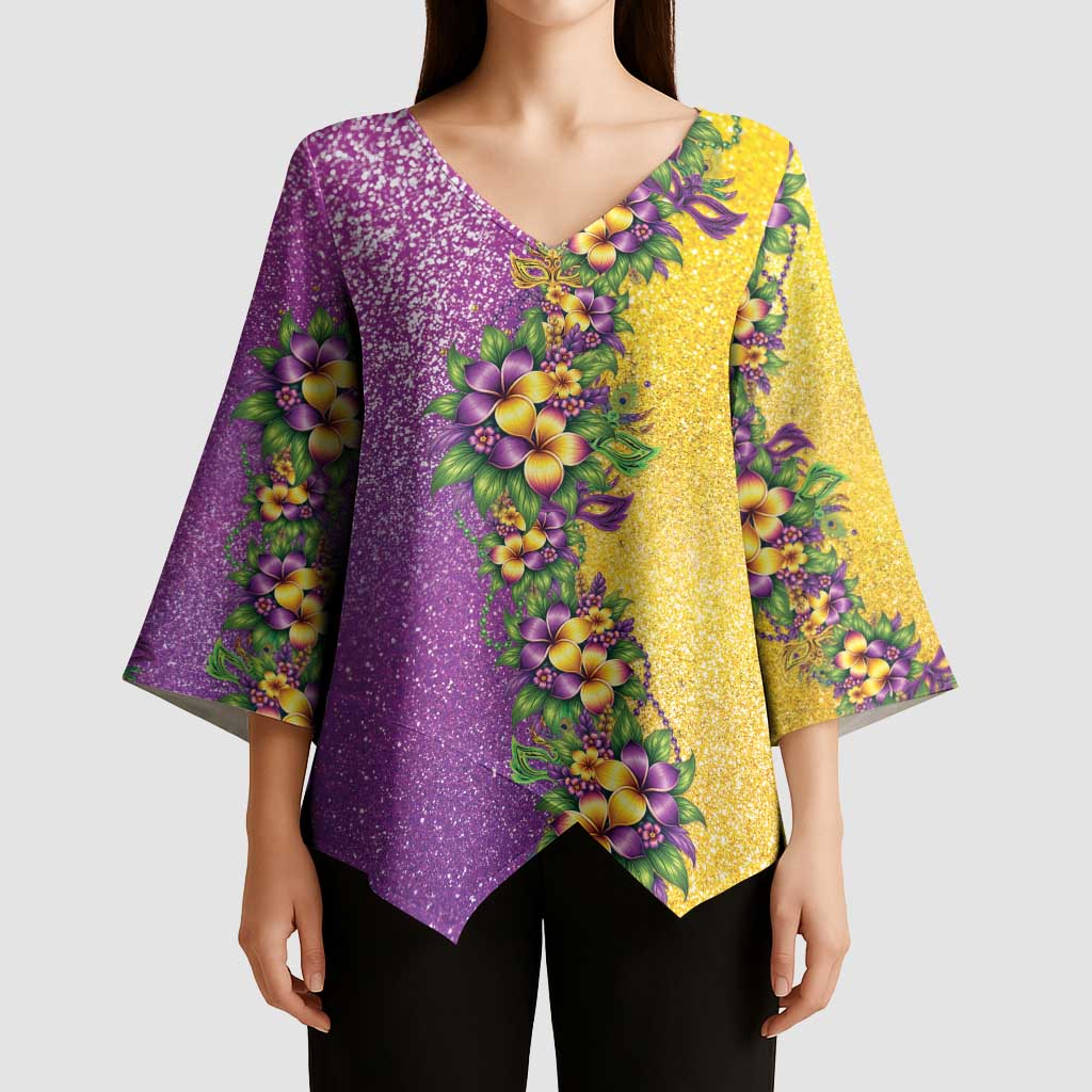 Hawaii Mardi Gras Kimono Sleeve Blouse Plumeria Lei Beads Glitter Style
