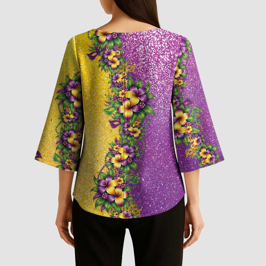 Hawaii Mardi Gras Kimono Sleeve Blouse Plumeria Lei Beads Glitter Style