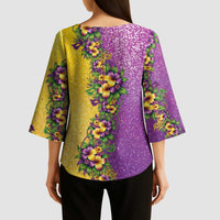 Hawaii Mardi Gras Kimono Sleeve Blouse Plumeria Lei Beads Glitter Style
