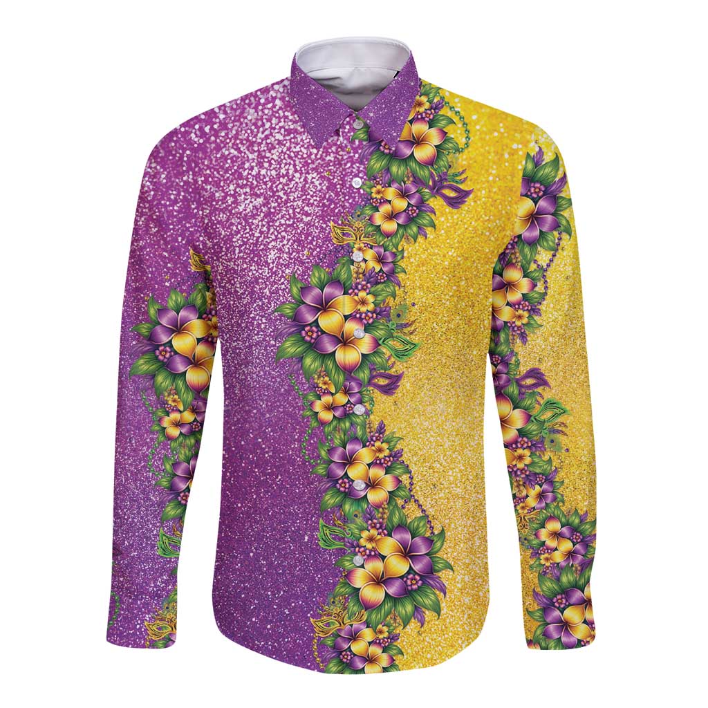 Hawaii Mardi Gras Long Sleeve Button Shirt Plumeria Lei Beads Glitter Style