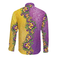 Hawaii Mardi Gras Long Sleeve Button Shirt Plumeria Lei Beads Glitter Style