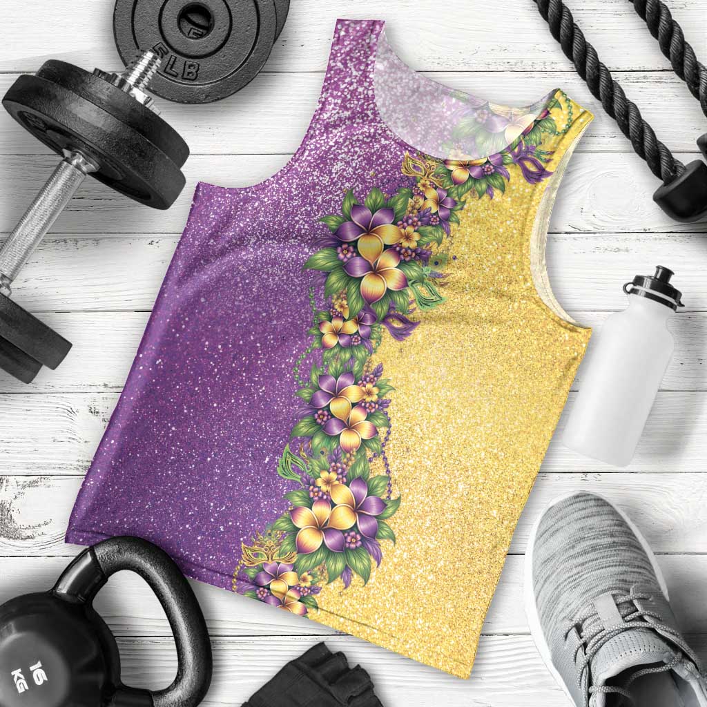 Hawaii Mardi Gras Men Tank Top Plumeria Lei Beads Glitter Style