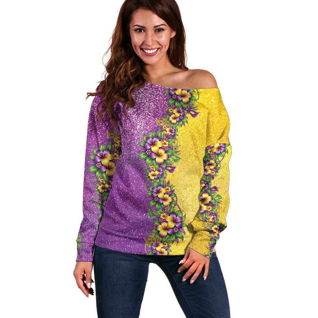 Hawaii Mardi Gras Off Shoulder Sweater Plumeria Lei Beads Glitter Style