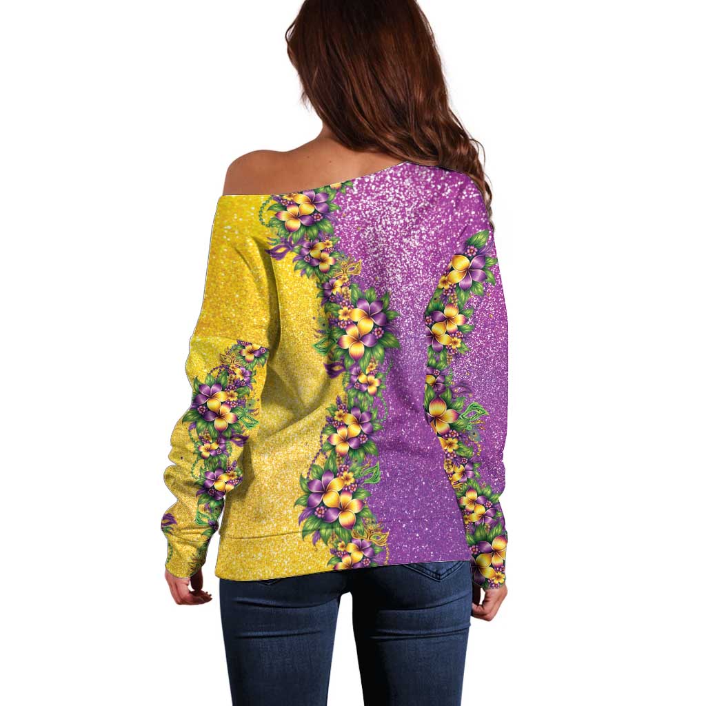 Hawaii Mardi Gras Off Shoulder Sweater Plumeria Lei Beads Glitter Style