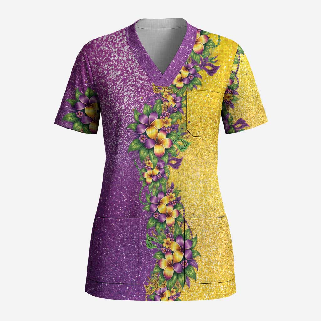 Hawaii Mardi Gras Scrub Top Plumeria Lei Beads Glitter Style LT05 Adult Colorful - Polynesian Pride