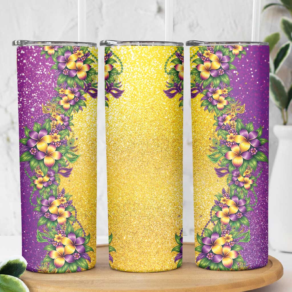 Hawaii Mardi Gras Skinny Tumbler Plumeria Lei Beads Glitter Style