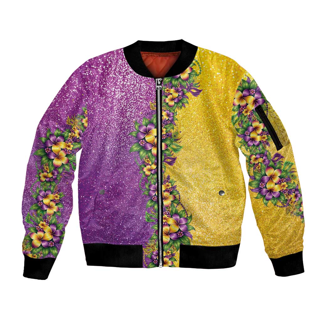 Hawaii Mardi Gras Sleeve Zip Bomber Jacket Plumeria Lei Beads Glitter Style