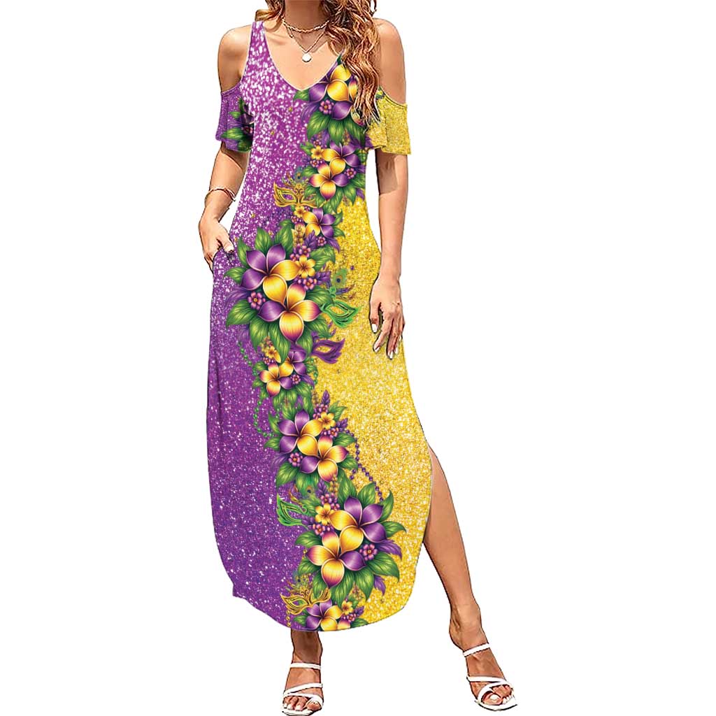 Hawaii Mardi Gras Summer Maxi Dress Plumeria Lei Beads Glitter Style