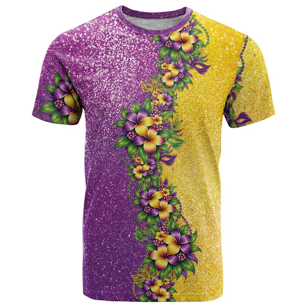Hawaii Mardi Gras T Shirt Plumeria Lei Beads Glitter Style