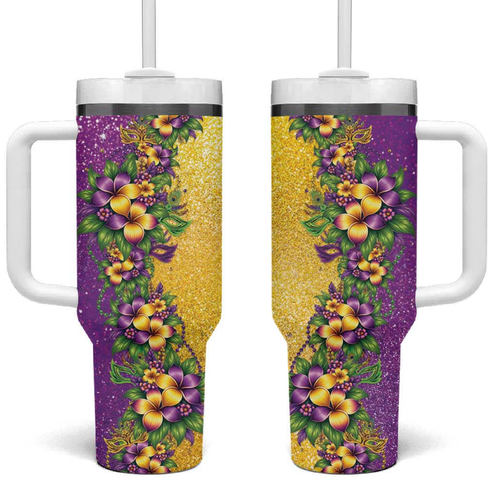 Hawaii Mardi Gras Tumbler With Handle Plumeria Lei Beads Glitter Style