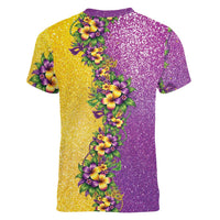 Hawaii Mardi Gras Women V-Neck T-Shirt Plumeria Lei Beads Glitter Style