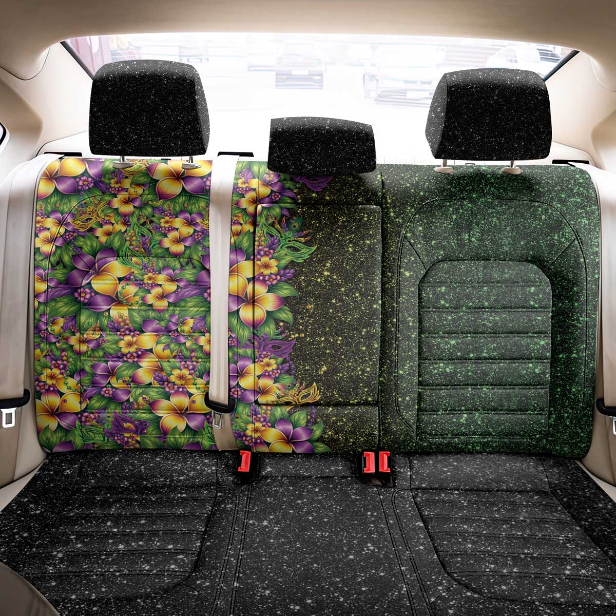 Hawaii Mardi Gras Back Car Seat Cover Tropical Flowers Glitter Style