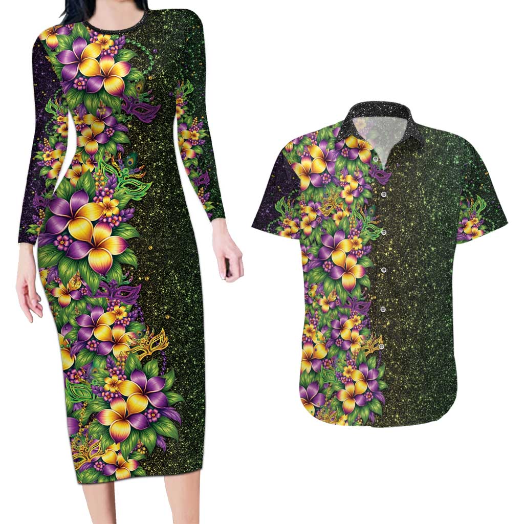 Hawaii Mardi Gras Couples Matching Long Sleeve Bodycon Dress and Hawaiian Shirt Tropical Flowers Glitter Style LT05 Black - Polynesian Pride