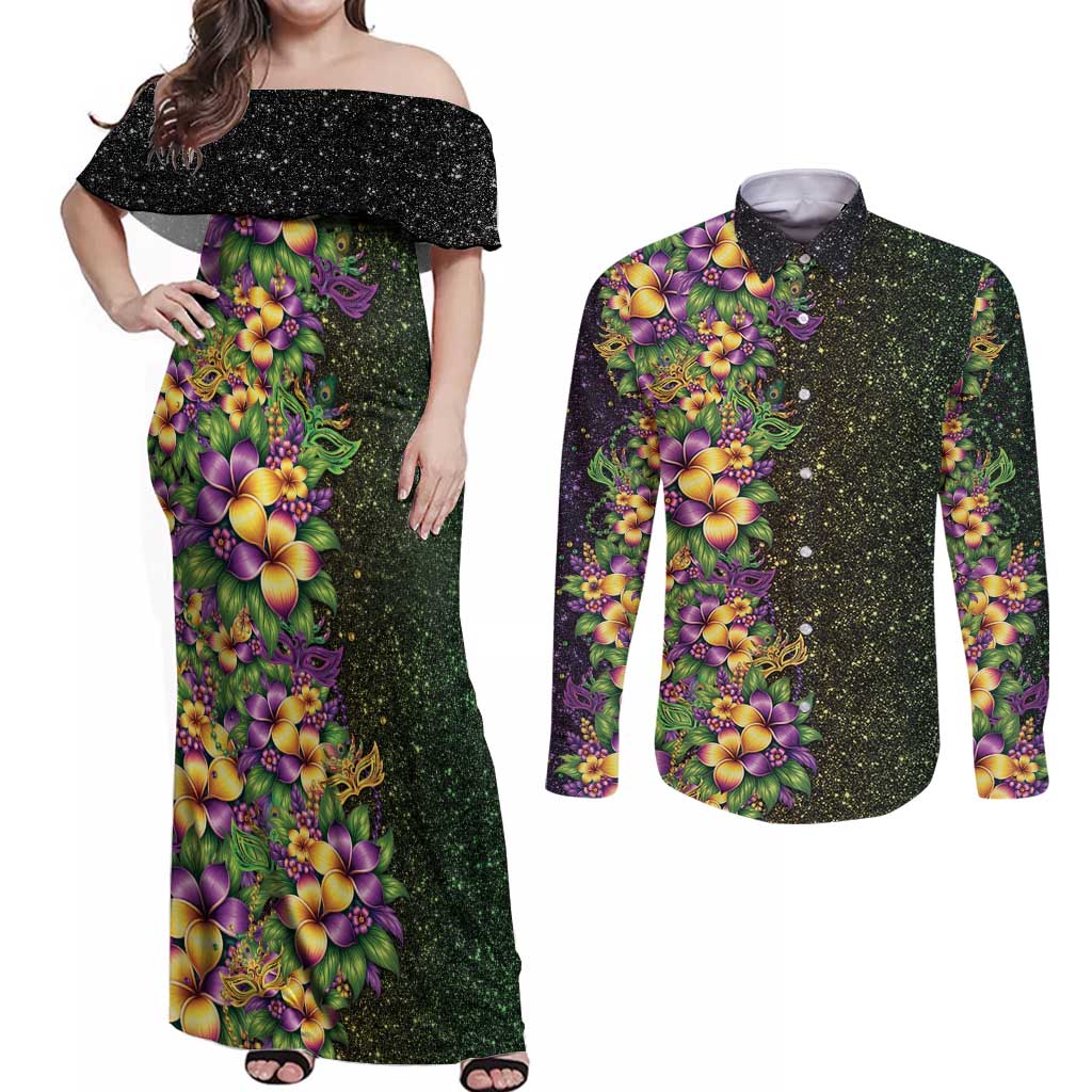 Hawaii Mardi Gras Couples Matching Off Shoulder Maxi Dress and Long Sleeve Button Shirt Tropical Flowers Glitter Style