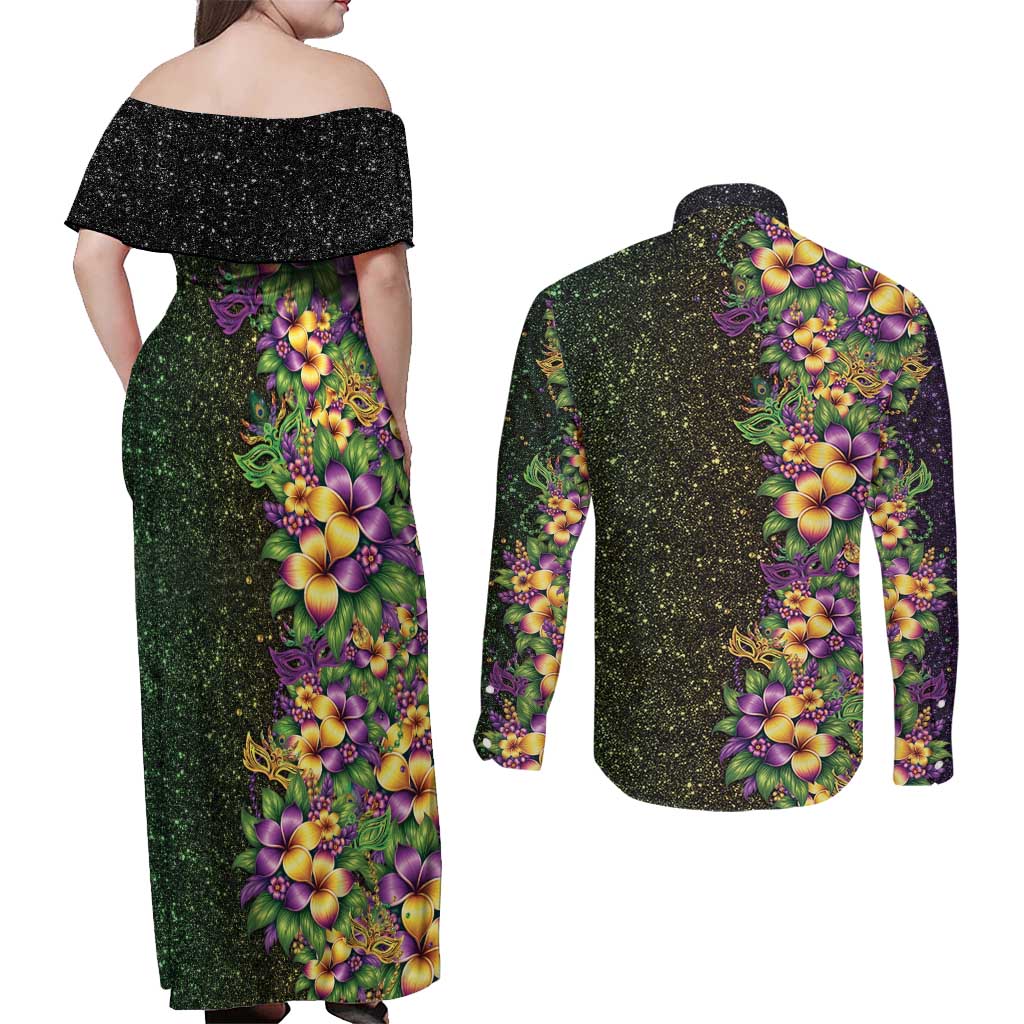 Hawaii Mardi Gras Couples Matching Off Shoulder Maxi Dress and Long Sleeve Button Shirt Tropical Flowers Glitter Style