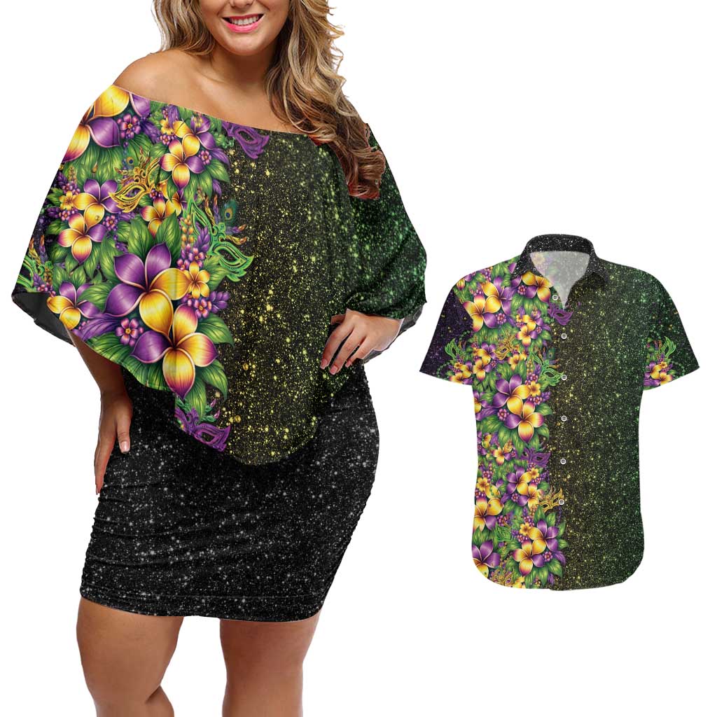 Hawaii Mardi Gras Couples Matching Off Shoulder Short Dress and Hawaiian Shirt Tropical Flowers Glitter Style LT05 Black - Polynesian Pride