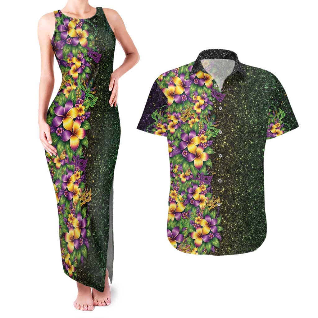 Hawaii Mardi Gras Couples Matching Tank Maxi Dress and Hawaiian Shirt Tropical Flowers Glitter Style LT05 Black - Polynesian Pride