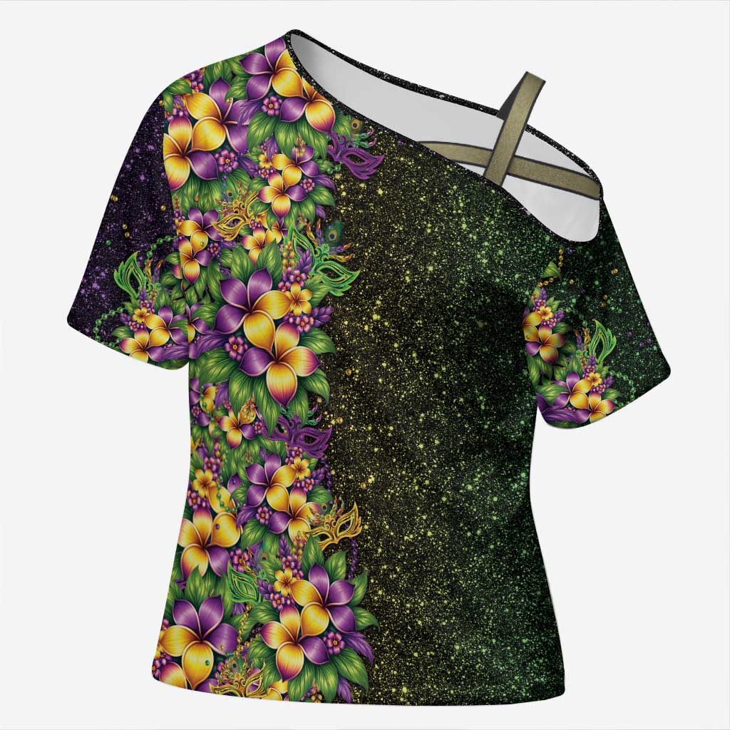 Hawaii Mardi Gras Cross Shoulder Shirt Tropical Flowers Glitter Style