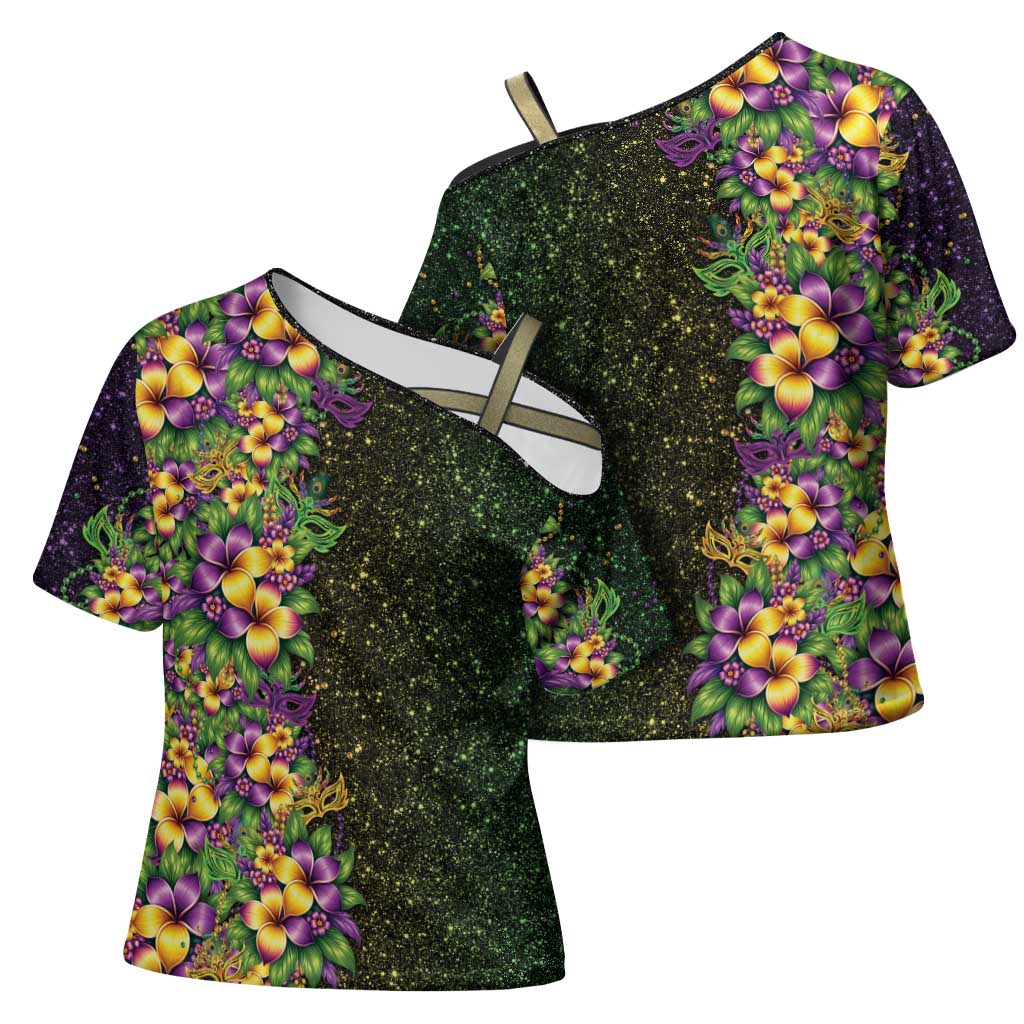 Hawaii Mardi Gras Cross Shoulder Shirt Tropical Flowers Glitter Style