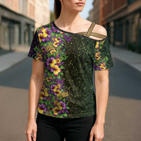 Hawaii Mardi Gras Cross Shoulder Shirt Tropical Flowers Glitter Style
