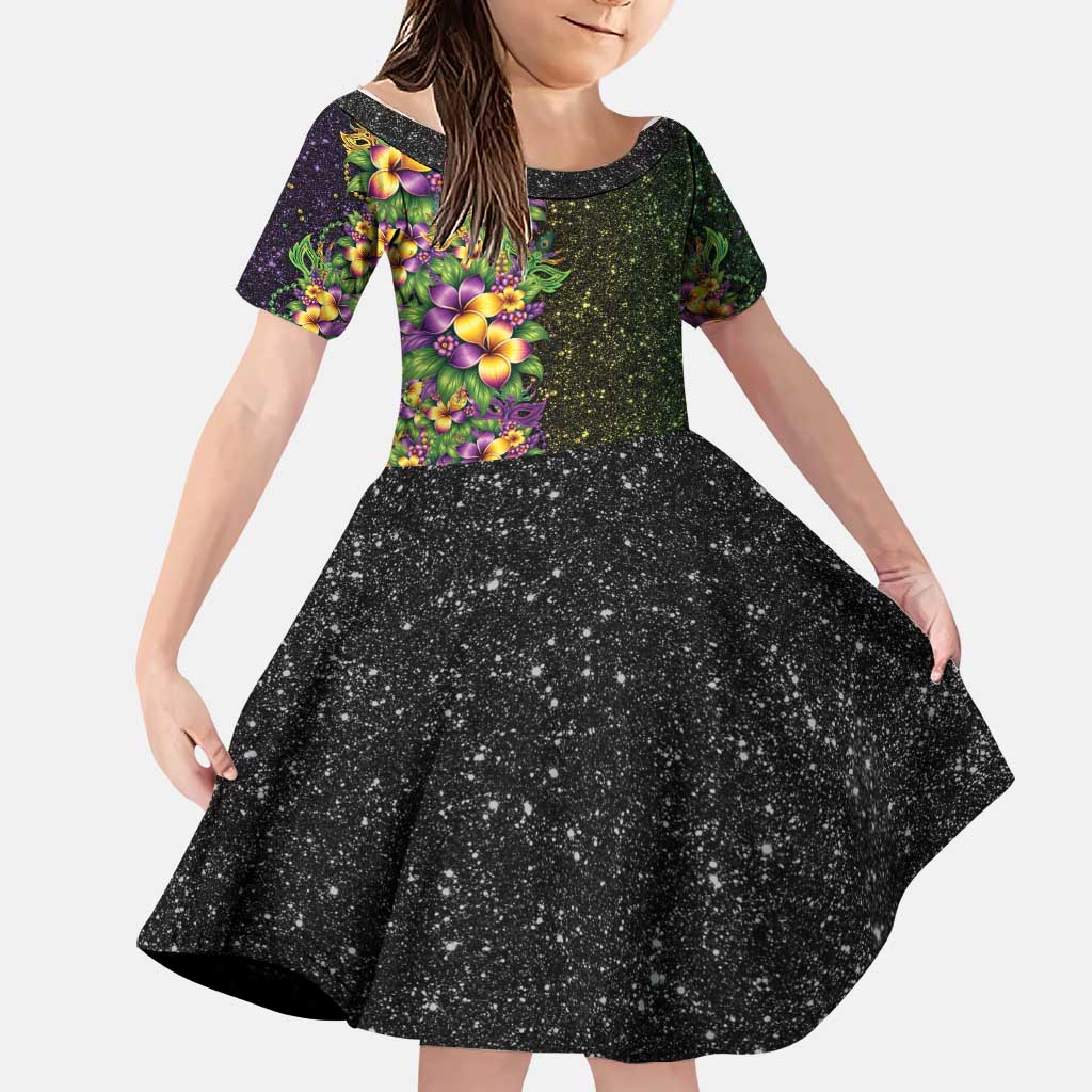 Hawaii Mardi Gras Family Matching Off The Shoulder Long Sleeve Dress and Hawaiian Shirt Tropical Flowers Glitter Style