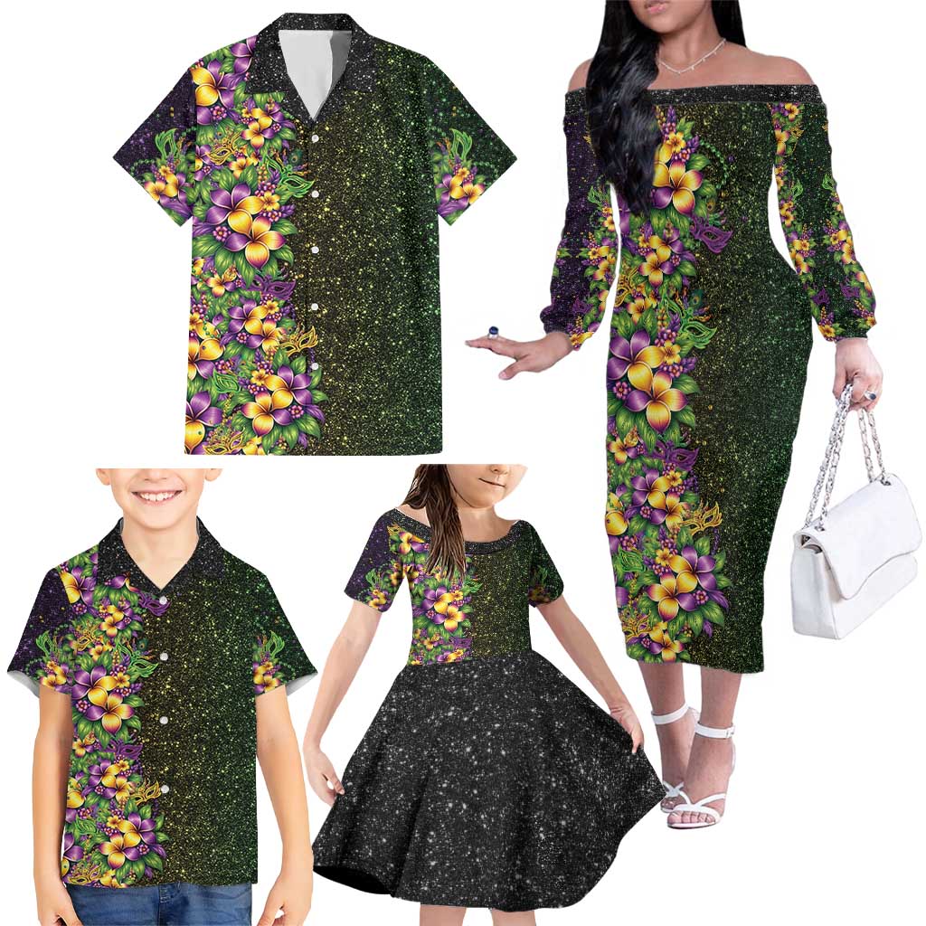 Hawaii Mardi Gras Family Matching Off The Shoulder Long Sleeve Dress and Hawaiian Shirt Tropical Flowers Glitter Style