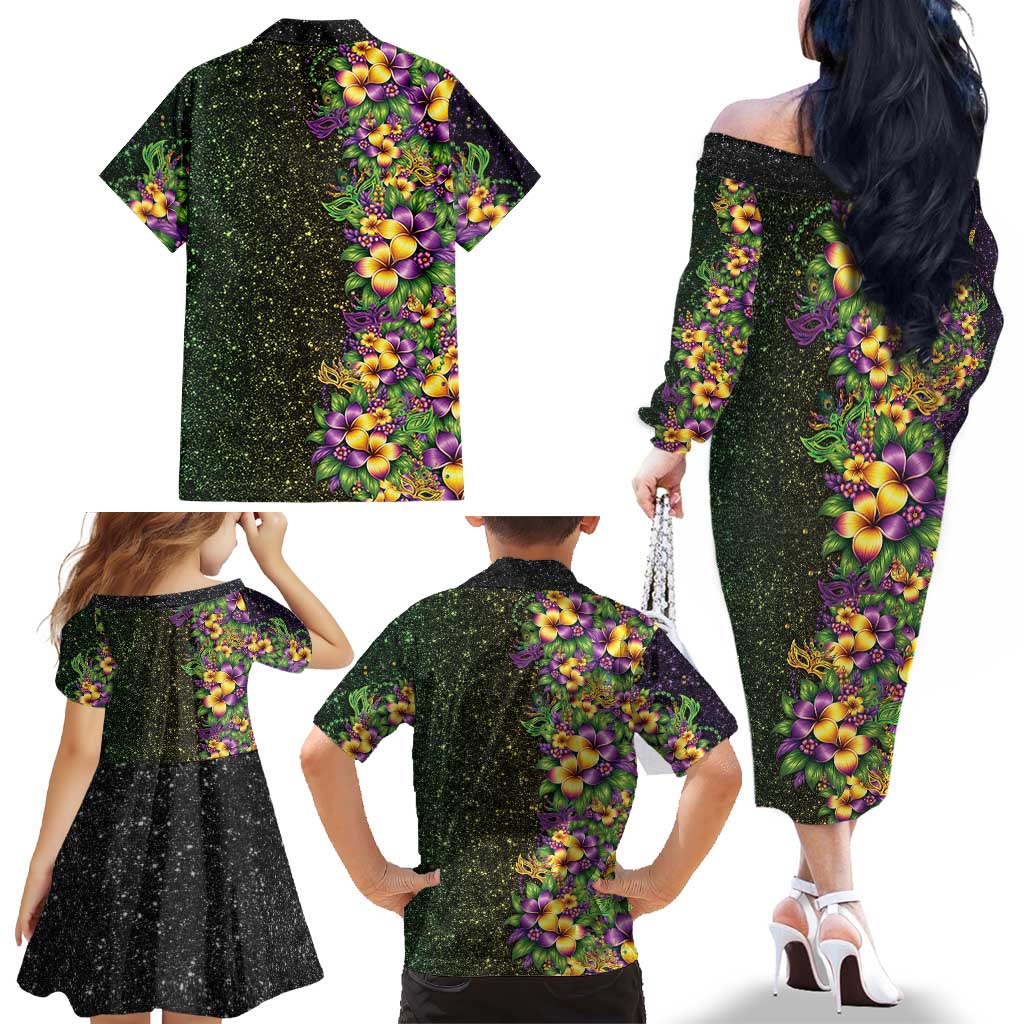 Hawaii Mardi Gras Family Matching Off The Shoulder Long Sleeve Dress and Hawaiian Shirt Tropical Flowers Glitter Style