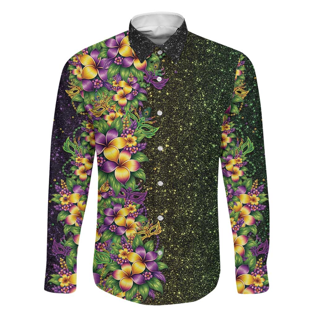 Hawaii Mardi Gras Family Matching Off The Shoulder Long Sleeve Dress and Hawaiian Shirt Tropical Flowers Glitter Style