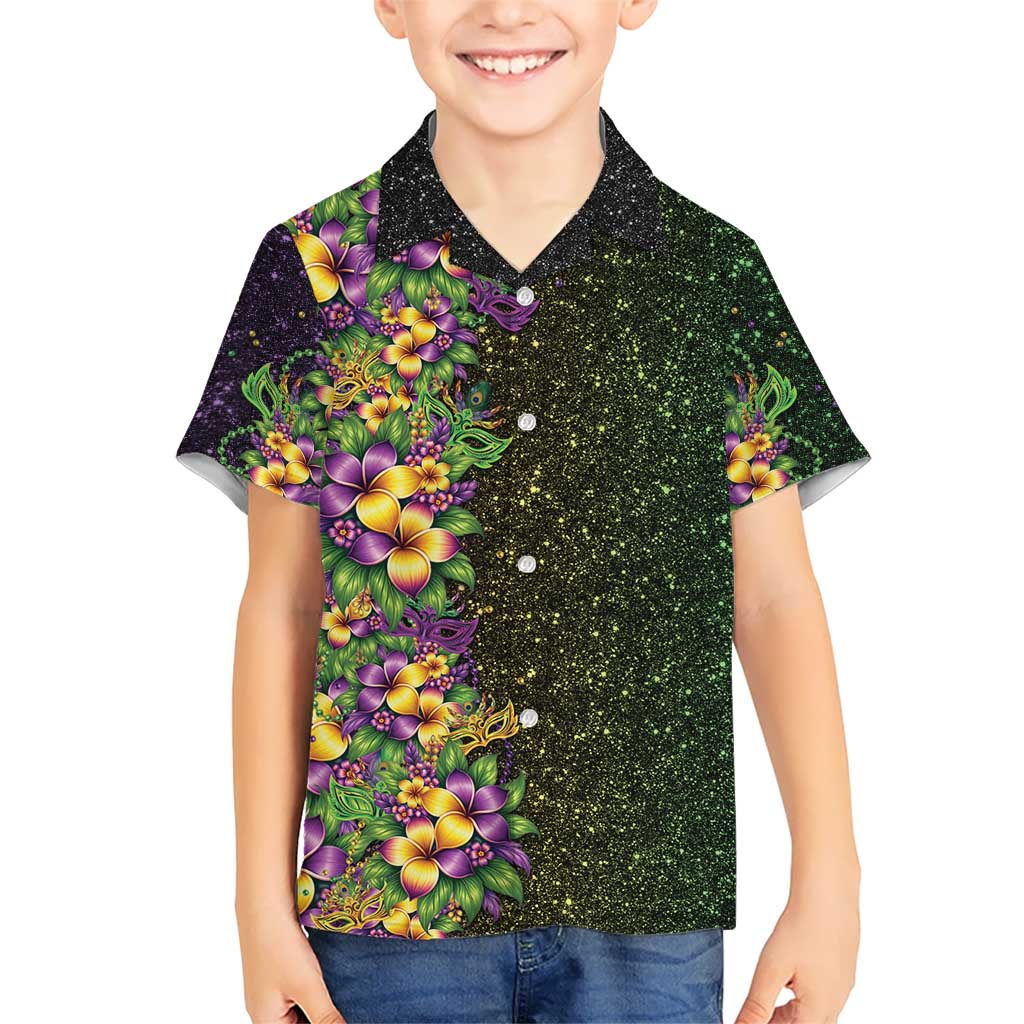Hawaii Mardi Gras Family Matching Off The Shoulder Long Sleeve Dress and Hawaiian Shirt Tropical Flowers Glitter Style