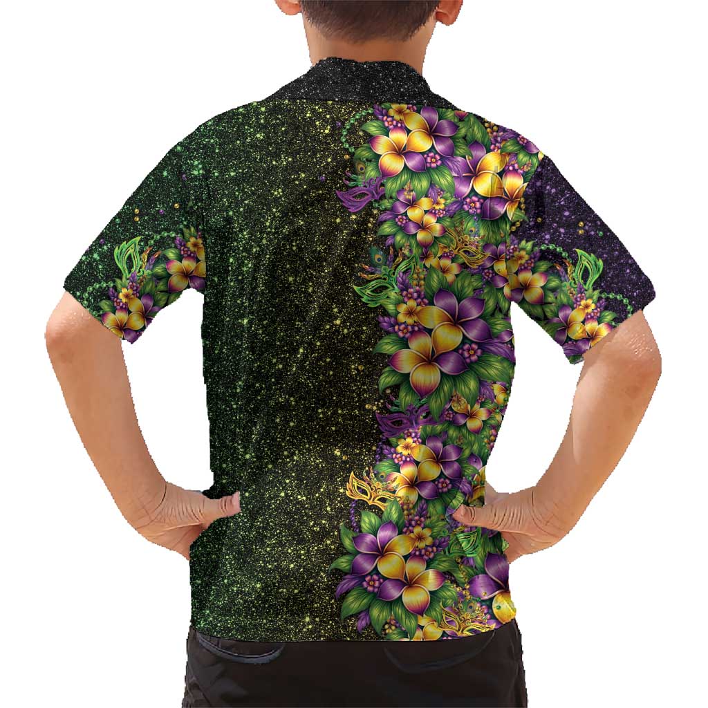 Hawaii Mardi Gras Family Matching Off Shoulder Short Dress and Hawaiian Shirt Tropical Flowers Glitter Style