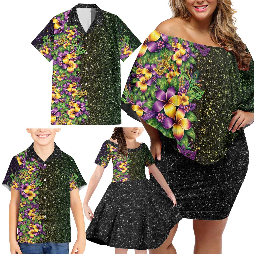 Hawaii Mardi Gras Family Matching Off Shoulder Short Dress and Hawaiian Shirt Tropical Flowers Glitter Style