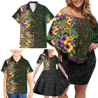 Hawaii Mardi Gras Family Matching Off Shoulder Short Dress and Hawaiian Shirt Tropical Flowers Glitter Style