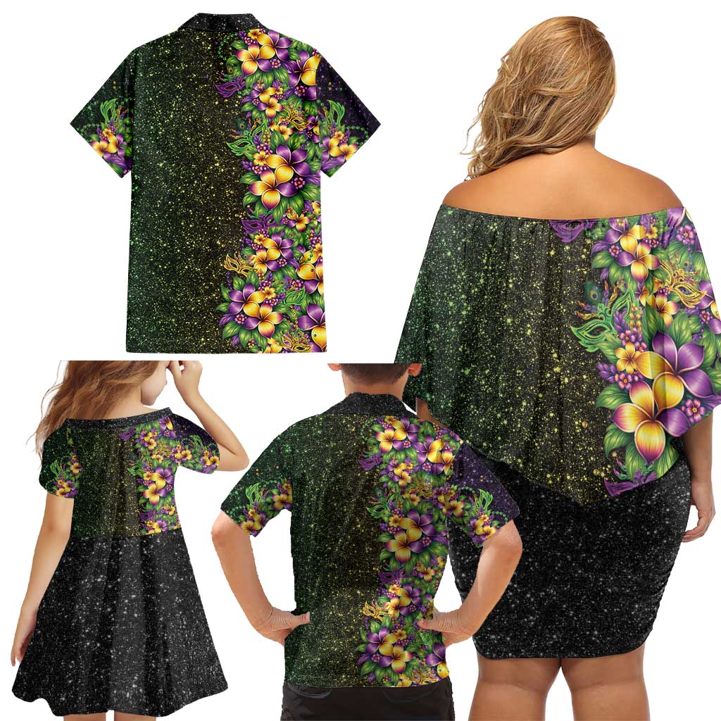 Hawaii Mardi Gras Family Matching Off Shoulder Short Dress and Hawaiian Shirt Tropical Flowers Glitter Style